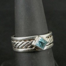 Ring Silver Blue Diamond Shape Stone Twist Look wider Band Sterling 925 Size 7
