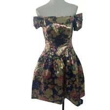 Vintage Dress Womens Size Small 80s 90s Floral Metallic Lame Cocktail Multicolor