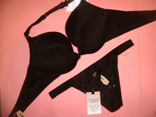 Victoria's Secret 34B,34C BRA SET+garter+thong+SHORTS BLACK SEQUIN FASHION SHOW - Picture 9 of 11