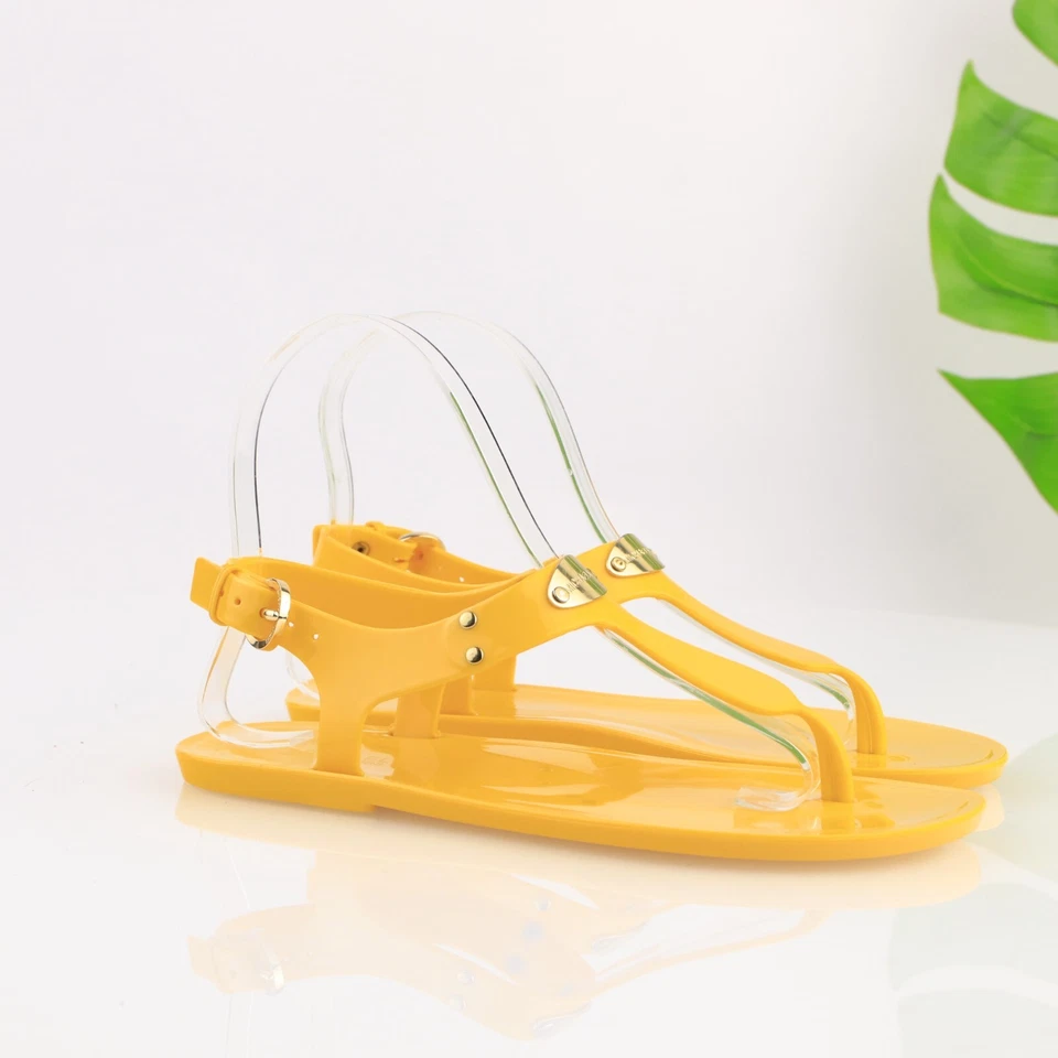 Sandalia Michael Kors Mujer MK Placa Talla 6 Amarillo PVC Tanga Moda Foto 3 de 4