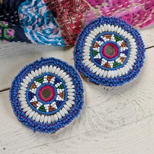 Kuchi Beaded Gul Patches Tribal Medallions White Flowers 3.35" 21575