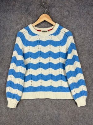 Boden Pullover Damen Größe M Blau Weiß Wollmischung Zickzack Pulli Grobstrick