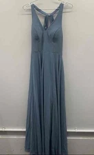 Azazie Dusty Blue Chiffon Halter V-Neck Maxi Bridesmaid Dress Gown Women's