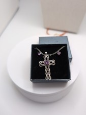 Silver Tone 18 Purple Crystal Cross Pendant Necklace with Matching Earrings Set