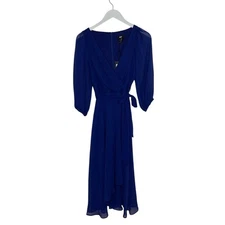 DKNY Cobalt Blue Belted Puff Sleeve Chiffon Dress Size 2 NWT