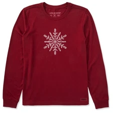 Life is Good. Women's Contrast Snowflake Long Sleeve Crusher Tee, Adirondack Red