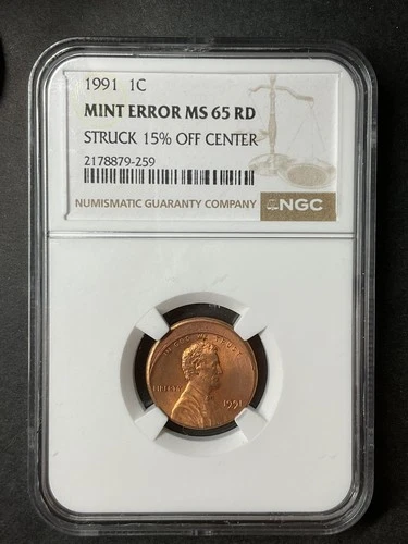 MINT ERROR 1991 LINCOLN 1 CENT 1C STRUCK 15% OFF CENTER NGC MS 65 RD USA COIN