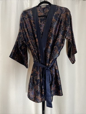 Vintage 1990s Dominique Simone Robe Small Blue Floral Wrap Kimono Loungewear