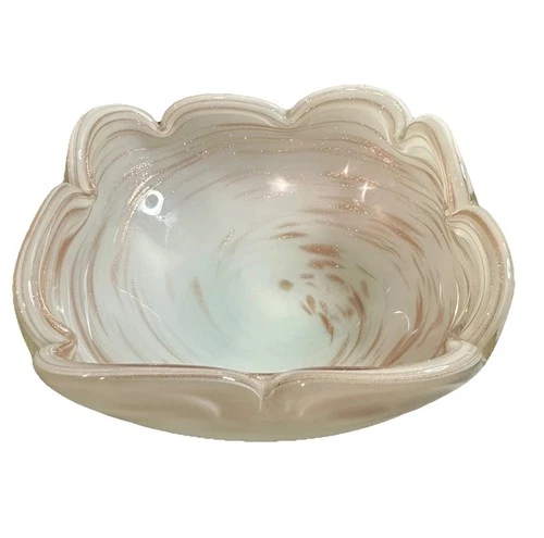 Vintage MURANO Glass Bowl Scalloped Edge OPALESENT WHITE COPPER AVENTURINE SWIRL