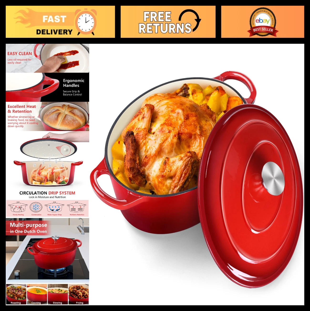 Enameled Cast Iron Dutch Oven 7QT with Lid - Non-Stick, Oven Safe, Dual Handles,
