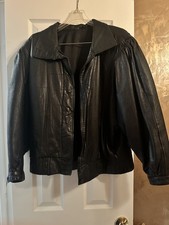 vintage 80s leather bomber jacket women, genuine black leather, circa early '80s