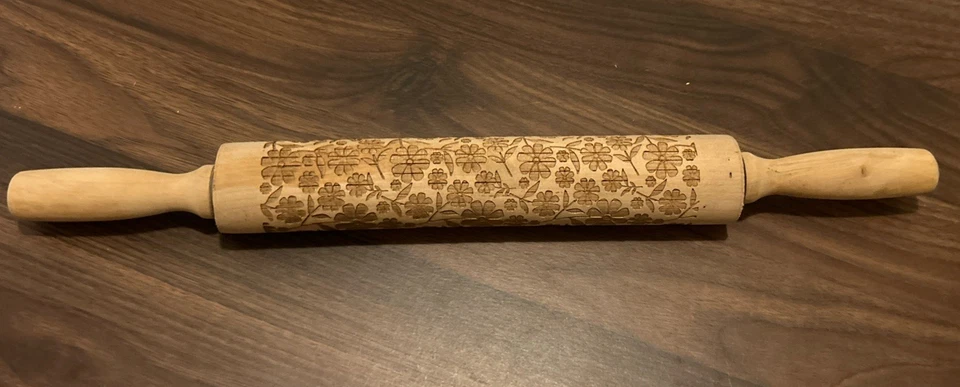 Wood Embossed Rolling Pin With Floral Pattern Vintage Floral Imprint Rolling Pin - Image 3 of 4