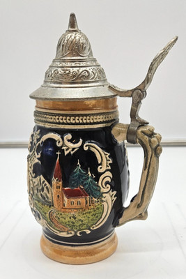 Vintage deutscher Bierstein mit Deckel A Zinndeckel, gebraucht, H-7, B-4,5 Zoll, kein Chip, Riss
