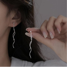 925 Silver Plated Spiral Long Wire Twisted Linear Dangle Stud Earrings K34