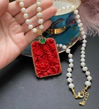 Natural White Freshwater Pearl Red Cinnabar Gem Carved  Peony Pendant Necklace