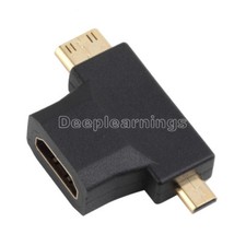 Black 3 in 1 HDMI Female to Mini HDMI Male  Micro HDMI Male Adapter Connector