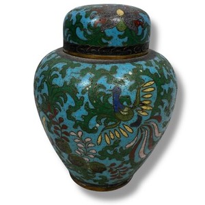 Antique 19th Century Cloisonne Ginger Jar Speckled Peacock Brass Enamel Floral