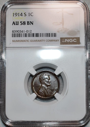 NGC AU-58 BN 1914-S Lincoln Cent, Razor-Sharp, Lustrous, Tough Date.