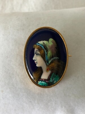 Broche Ancienne En émaux De Limoges - Émail Vert, Vintage, Très Bon état, Pièce De Collection