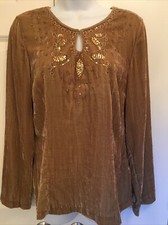 Emma James Sz 6 Velvet Pullover Tunic Top Beige Sequins Beads LS Gorgeous EUC!