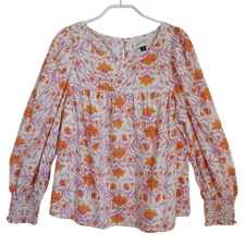 Universal Thread Blouse Womens Med Pink Orange Floral Cottagcore Smocked Sleeve