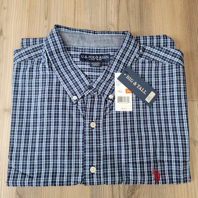 NEW US Polo Assn Blue Plaid Mens Big And Tall 2X  Long Sleeve Button Up Shirt 