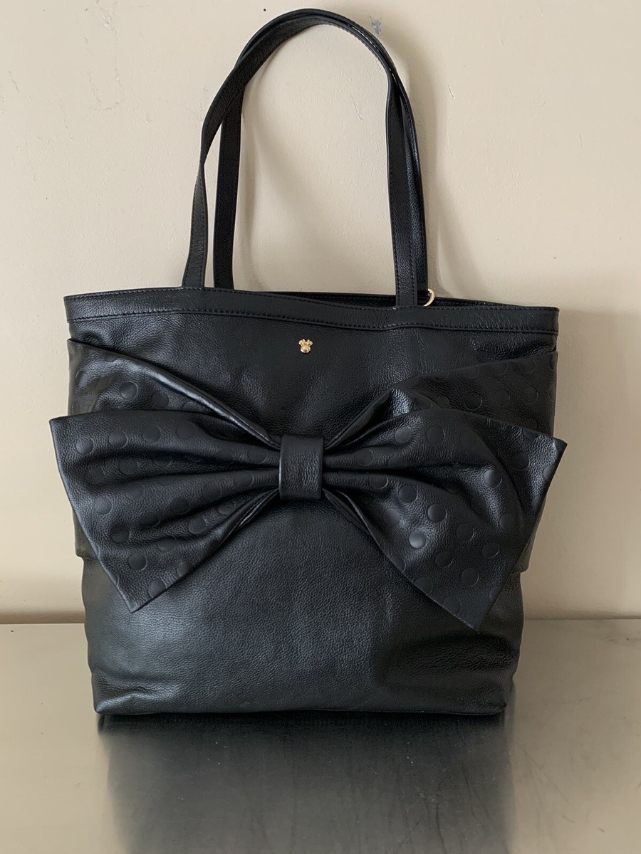 DISNEY Large Black Leather Minnie Mouse Embossed Bow Tote Bag EUC