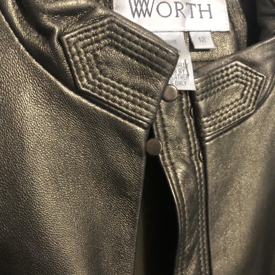 Chaqueta sin cuello de cuero genuino dorado metálico WORTH para mujer - talla 12 (ediciones) Foto 4 de 4