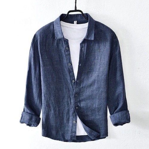 100 % reines Leinen Herrenhemd langärmelig lässig faltbarer Kragen Top Shirts - Bild 12 von 13