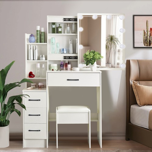 Set sgabello tavolo trucco scrivania vanità camera da letto bianco con specchio illuminato LED - Foto 2 di 11