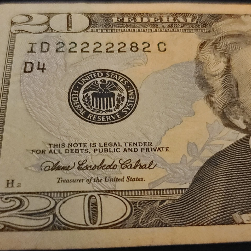 $20 Bill Near Solid Serial #22222282 - Image 2 of 3