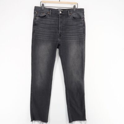 RE/DONE 80s Slim Straight Leg Jeans Womens 32 Faded Black Fray Hem Button Fly