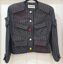 1980's Patrick Kelly High Roller Demin Wool Pinstripe Jacket With Lucite Dice