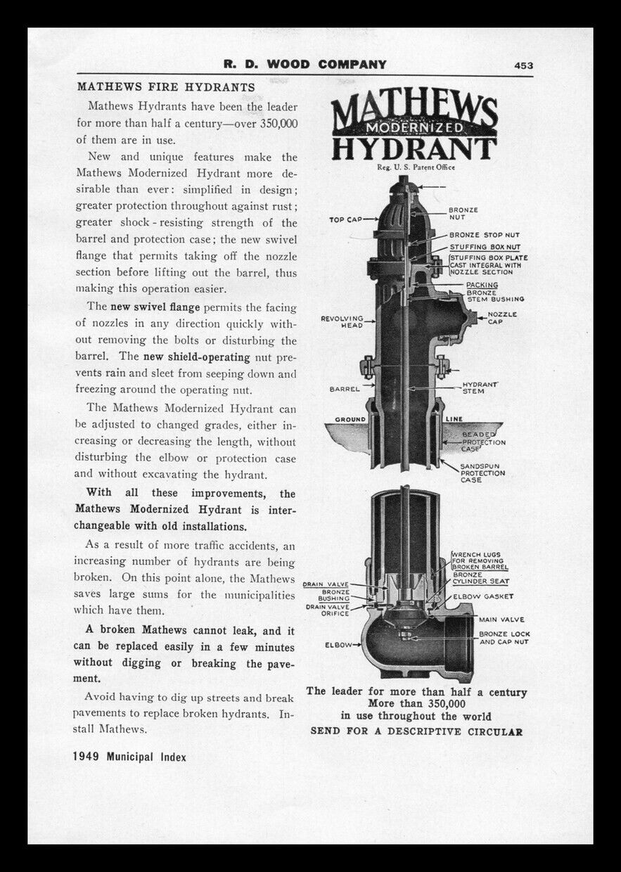 1949 RD Wood Company Mathews Modernized Fire Hydrant  Vintage trade print ad