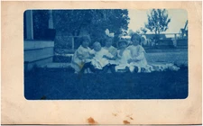 Cute Children Sitting in Yard Babies Cyanotype Blue Photo 1900s RPPC Postcard