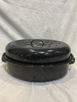 Large Roasting Dish Speckled Black Enamel  With Lid 18x12