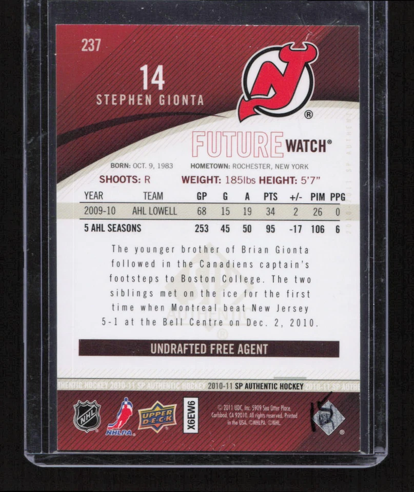 2010-11 SP Authentic #237 Stephen Gionta #/999 NJ Devils NHL Future Watch - Image 2 of 2