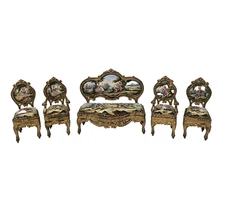 Hand Painted Enamel Ormolu Miniature Dollhouse Parlor Settee & 4 Chairs Austria