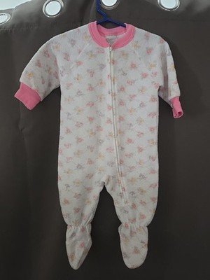 vintage Carters White & Pink floral fleece footed baby pajama in the 6-12 months
