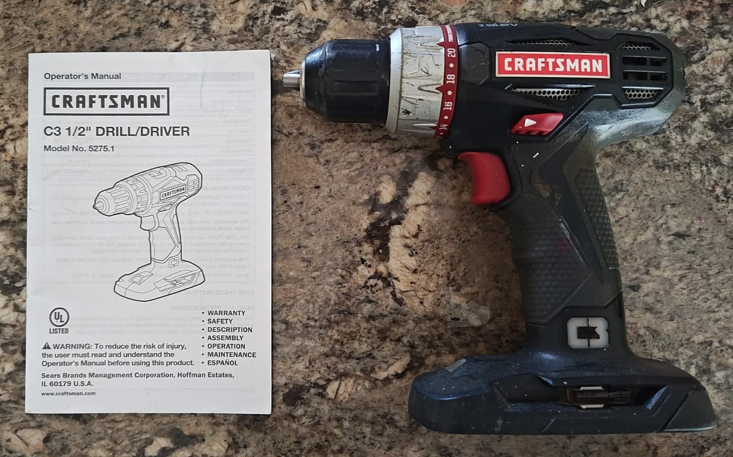 Craftsman C3 19.2v 1/2&rdquo; Cordless Drill Driver Model 5275.1, With Manual, Tested