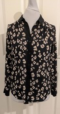 Rebecca Taylor 100% Silk Top Womens Black Leopard Print Button Shirt Lightweight