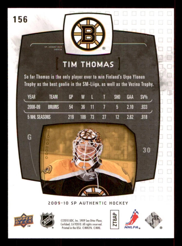2009-10 SP Authentic #156 Tim Thomas ESS /1999 - Image 2 of 2