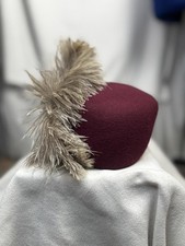 vintage burgundy pillbox hat feather trim mod 60s glam wool felt