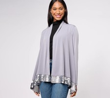 Susan Graver Occsn Liquid Knit Cardigan Paillette Trim-Grey Goddess-XS/S-A618798
