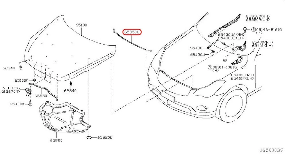 Capucha sellada delantera Nissan OEM 658201Ba1B Foto 3 de 4