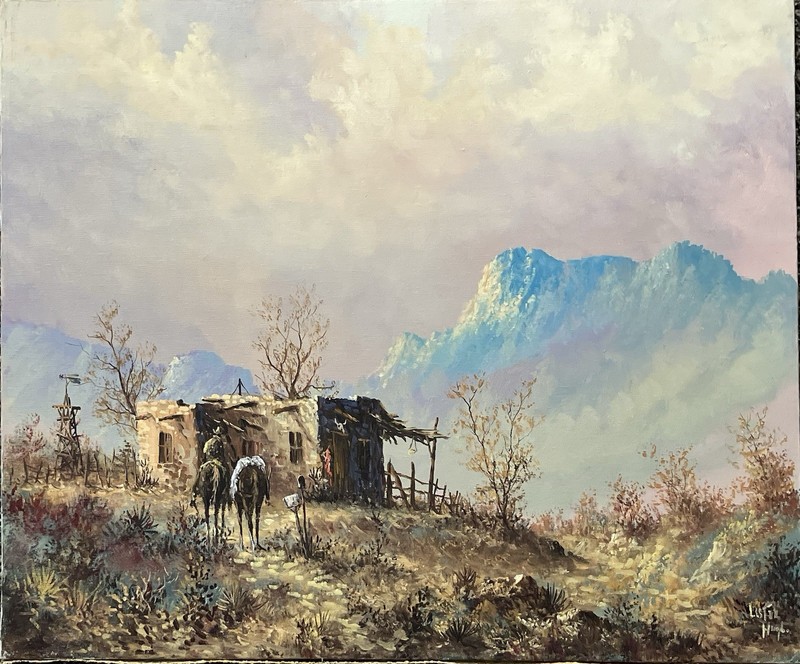 Original Homestead Trading Post Oil Painting On Canvas By Lester Hughes 20x24”