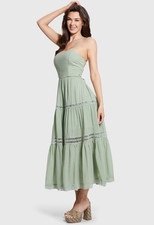 Guess Safa Maxi Dress Women's Pastel Green S Flowy Flared Accent Laces Back Tie