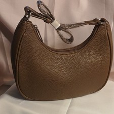 Brown Pebbled Crescent Shoulder Bag, Silver Hardware, Zip Closure, Inner Pockets