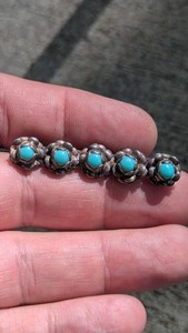 Mid Century Navajo Floral Sterling Silver Petit Point Turquoise Brooch / Pin