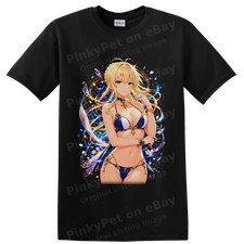 Anime Waifu T Shirt Magical Blonde Bikini Girl Fantasy Art Blue Gold Star Tee